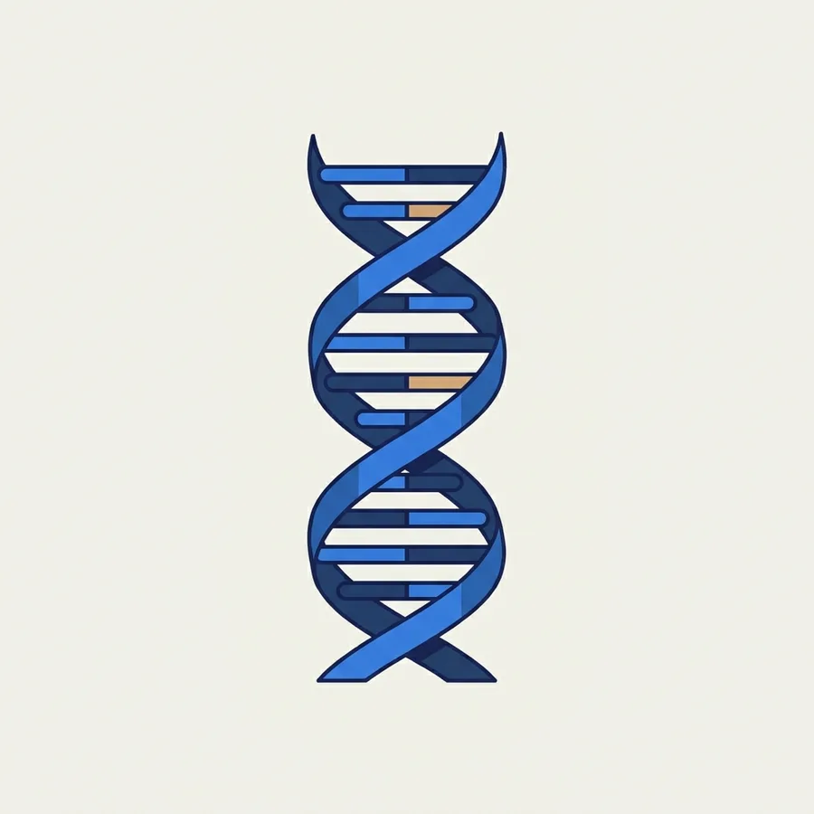 An elegant DNA double helix, two strands joined by base-pair rungs.
