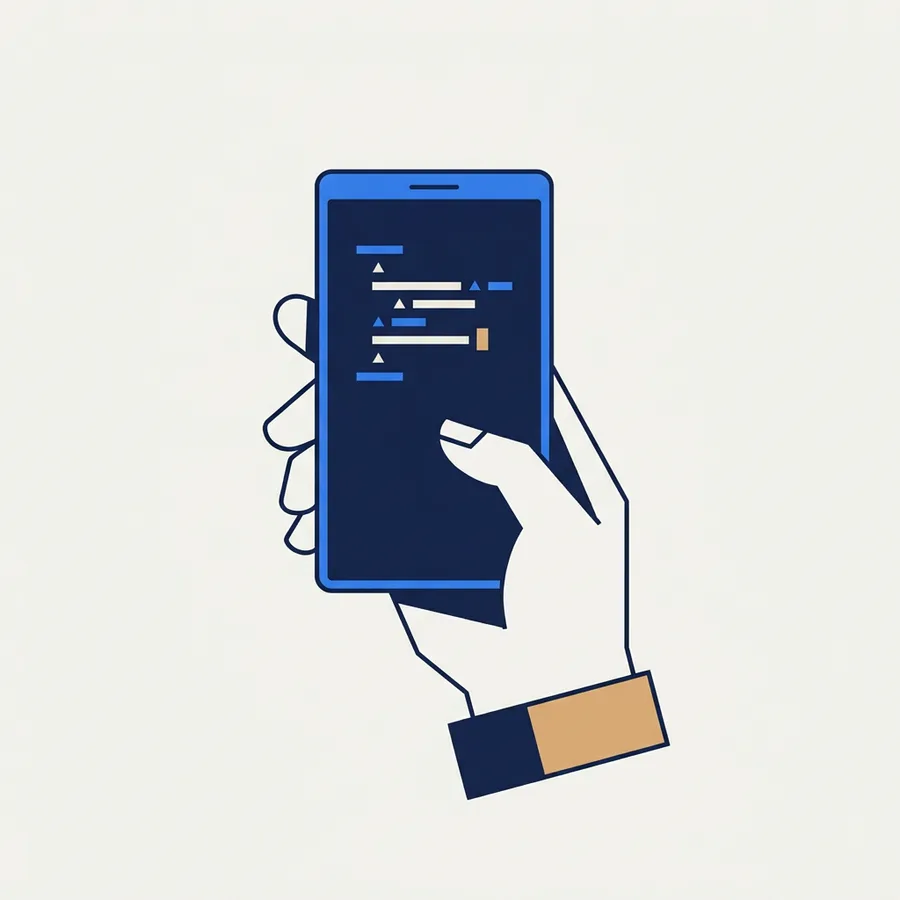 A hand holding a phone that shows a code terminal, illustrating building from a phone.