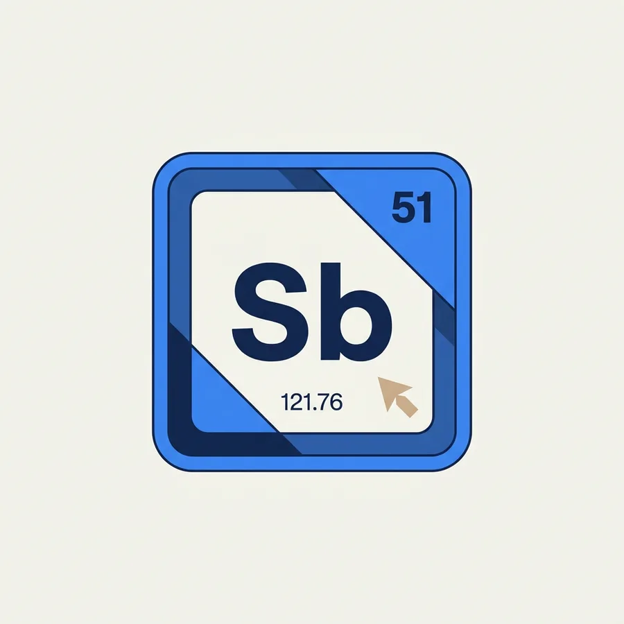 A periodic-table element card for Antimony: symbol Sb, atomic number 51, atomic mass 121.76.