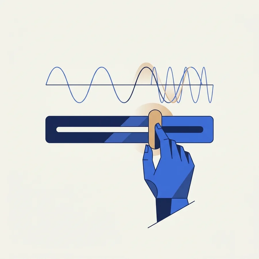 A hand moving a slider while a waveform above it reacts, showing a simulation you can drive.